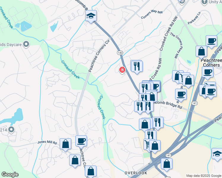 map of restaurants, bars, coffee shops, grocery stores, and more near 6350 Holcomb Way in Norcross