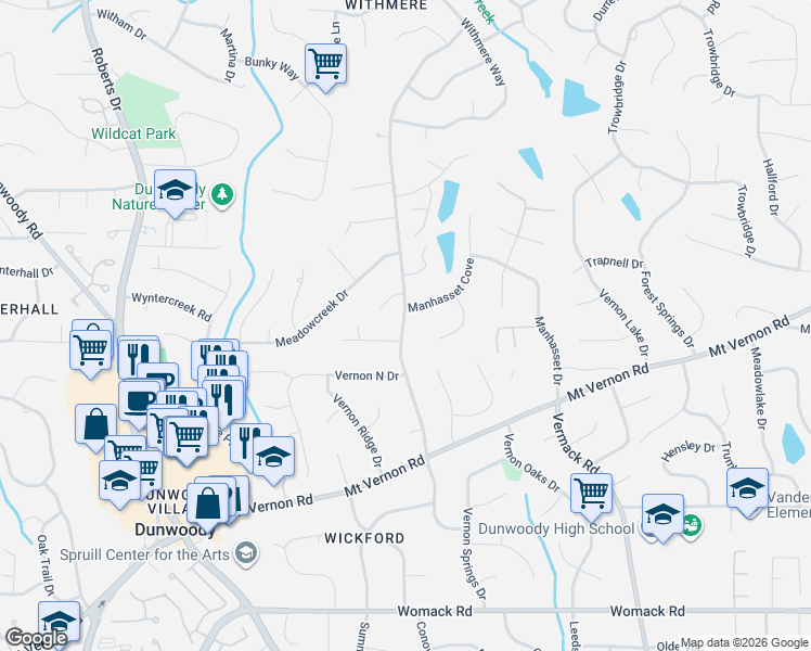 map of restaurants, bars, coffee shops, grocery stores, and more near 5203 Mount Vernon Way in Dunwoody