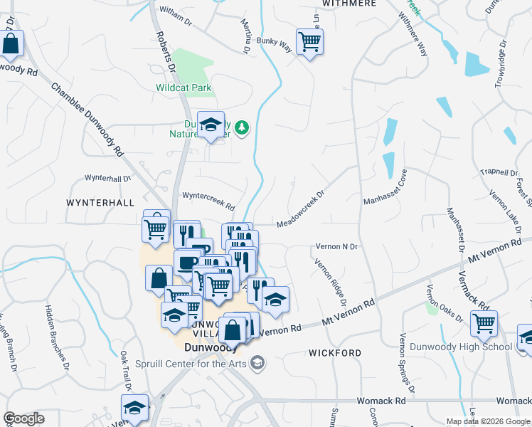map of restaurants, bars, coffee shops, grocery stores, and more near 5138 Meadowcreek Drive in Dunwoody