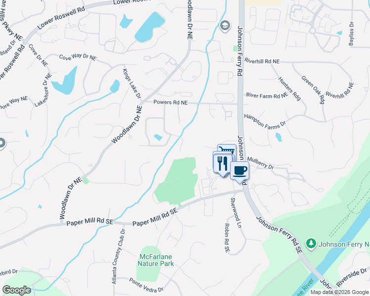map of restaurants, bars, coffee shops, grocery stores, and more near 225 Connemara Drive Northeast in Marietta