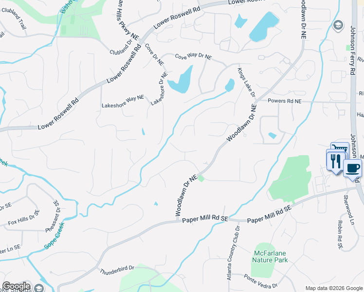 map of restaurants, bars, coffee shops, grocery stores, and more near 4275 Blackland Drive in Marietta