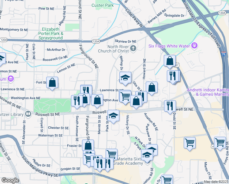 map of restaurants, bars, coffee shops, grocery stores, and more near 79 Ayers Avenue in Marietta
