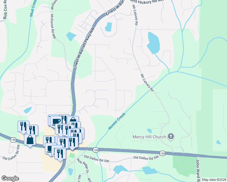 map of restaurants, bars, coffee shops, grocery stores, and more near 2380 Battle Forest Drive Southwest in Marietta