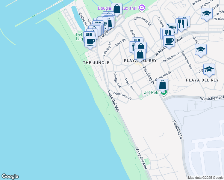 map of restaurants, bars, coffee shops, grocery stores, and more near 138 Waterview Street in Los Angeles