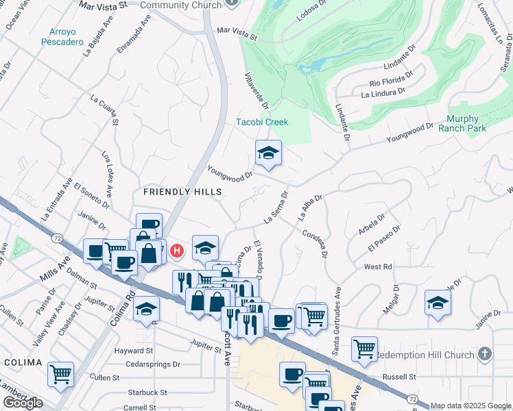 map of restaurants, bars, coffee shops, grocery stores, and more near 9438 Friendly Woods Lane in Whittier