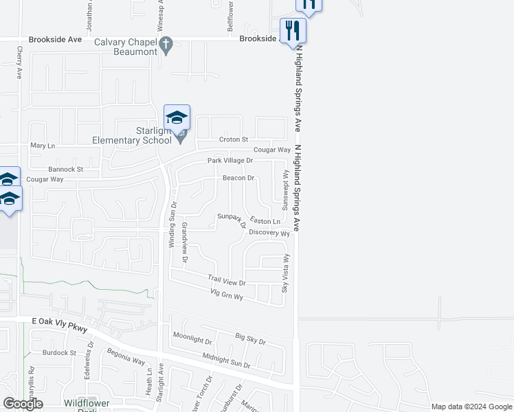 map of restaurants, bars, coffee shops, grocery stores, and more near 1559 Lismore Lane in Beaumont