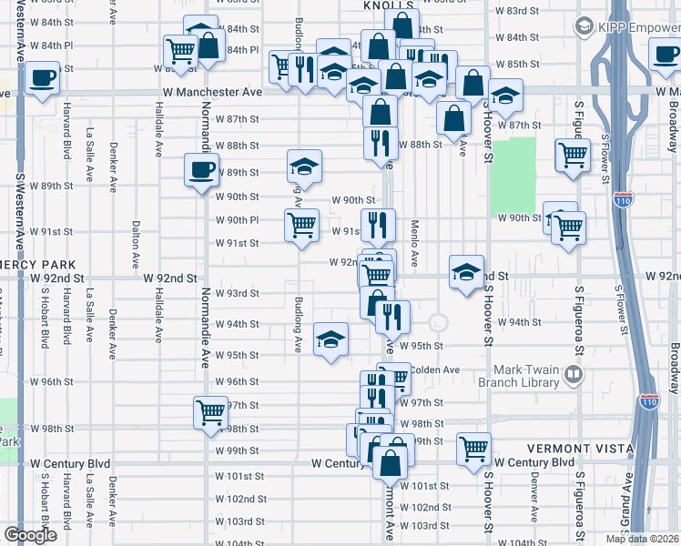 map of restaurants, bars, coffee shops, grocery stores, and more near 1115 3/4 West 93rd Street in Los Angeles