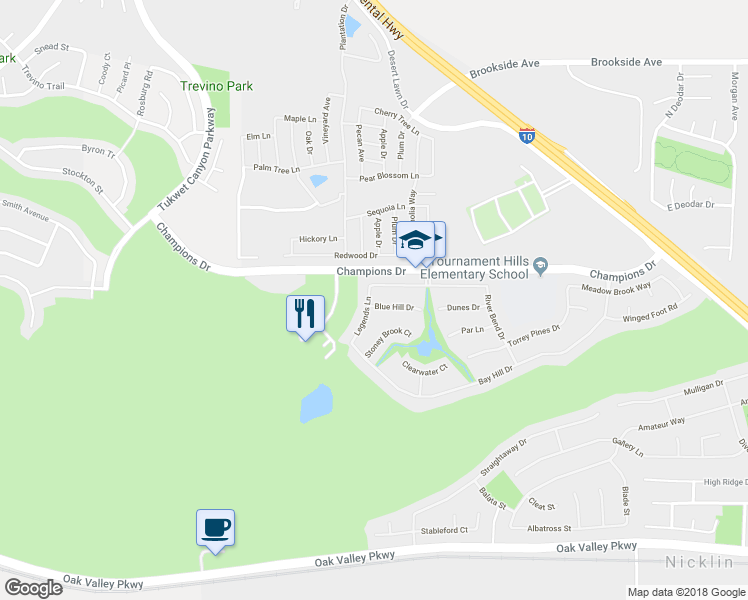 map of restaurants, bars, coffee shops, grocery stores, and more near 36056 Blue Hill Drive in Beaumont