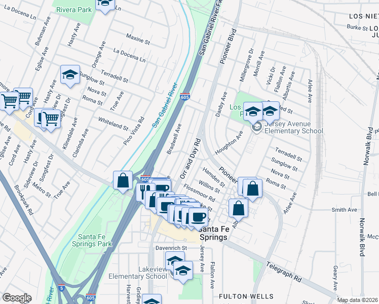 map of restaurants, bars, coffee shops, grocery stores, and more near 9707 Orr and Day Road in Santa Fe Springs