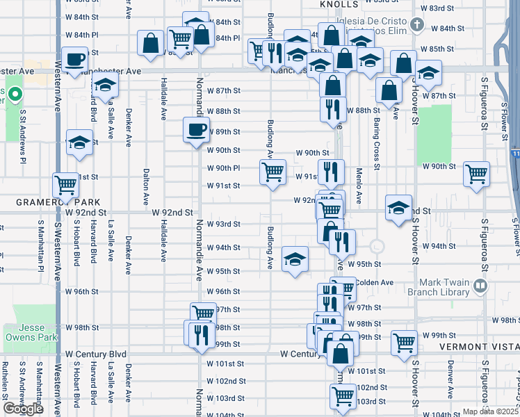 map of restaurants, bars, coffee shops, grocery stores, and more near 1212 West 92nd Street in Los Angeles