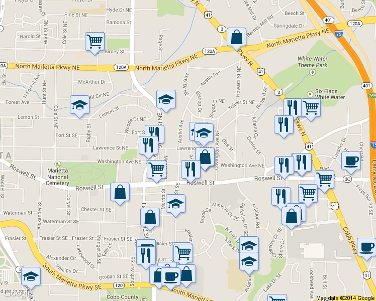 map of restaurants, bars, coffee shops, grocery stores, and more near 79 Ayers Avenue in Marietta
