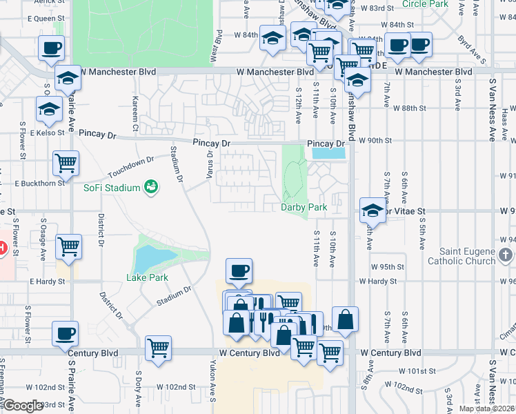 map of restaurants, bars, coffee shops, grocery stores, and more near 9209 Garvey Way in Inglewood