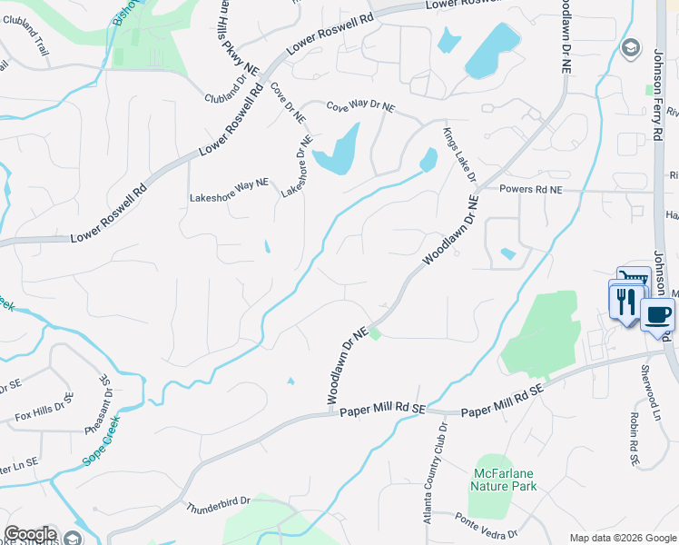 map of restaurants, bars, coffee shops, grocery stores, and more near 4275 Blackland Drive in Marietta