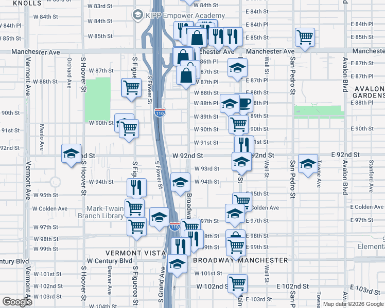 map of restaurants, bars, coffee shops, grocery stores, and more near 9124 South Broadway in Los Angeles