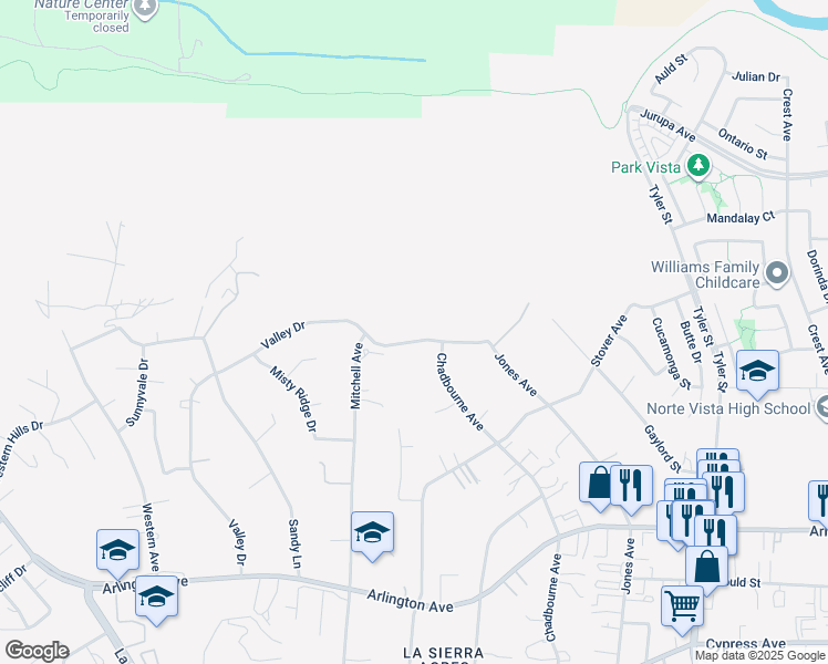 map of restaurants, bars, coffee shops, grocery stores, and more near 10703 Valley Drive in Riverside