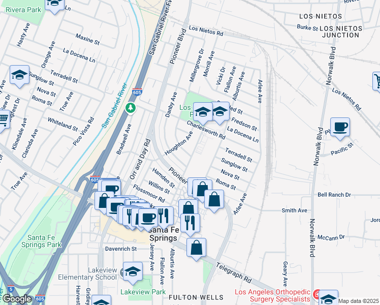 map of restaurants, bars, coffee shops, grocery stores, and more near 9507 Jersey Avenue in Santa Fe Springs