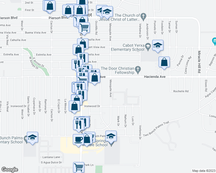 map of restaurants, bars, coffee shops, grocery stores, and more near 13169 Mesquite Avenue in Desert Hot Springs