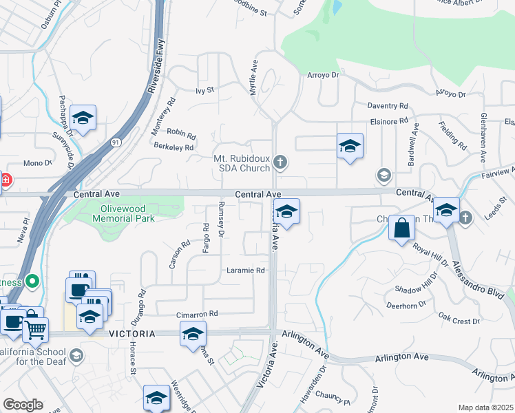map of restaurants, bars, coffee shops, grocery stores, and more near 2752 Nectarine Avenue in Riverside