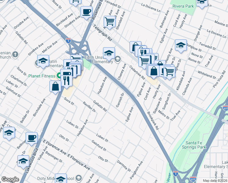 map of restaurants, bars, coffee shops, grocery stores, and more near 9123 Lemoran Avenue in Downey