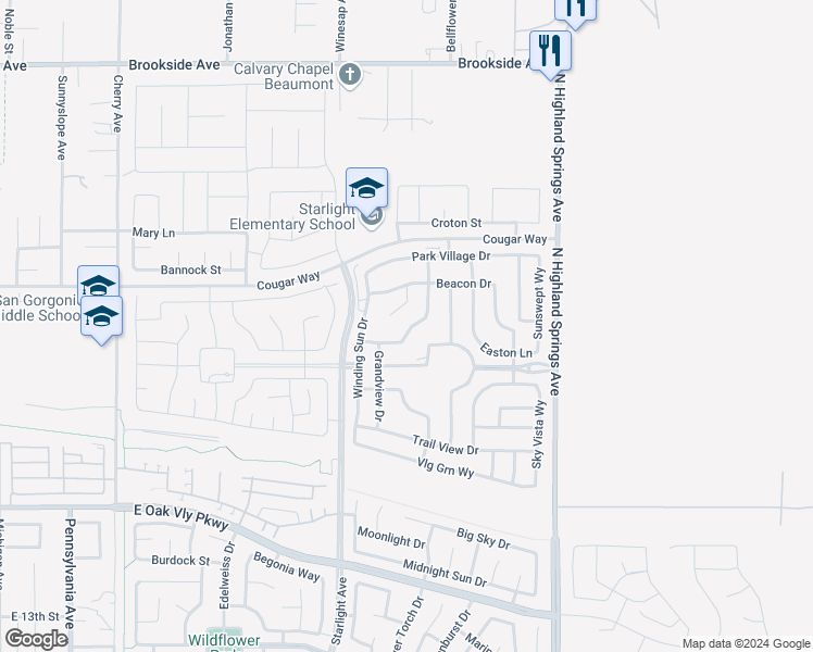 map of restaurants, bars, coffee shops, grocery stores, and more near 1526 Cadence Way in Beaumont