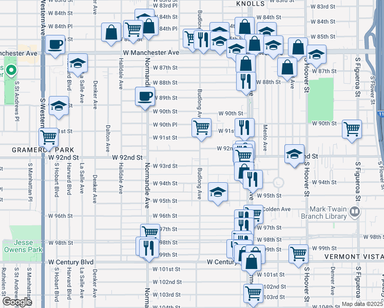 map of restaurants, bars, coffee shops, grocery stores, and more near 1212 West 92nd Street in Los Angeles