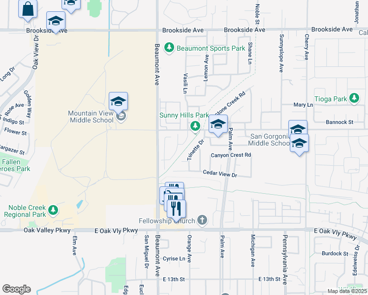 map of restaurants, bars, coffee shops, grocery stores, and more near 1570 Thunderbird Road in Beaumont