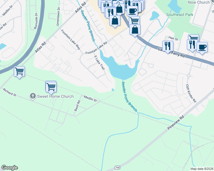 map of restaurants, bars, coffee shops, grocery stores, and more near 740 Fountain Lake Road in Columbia