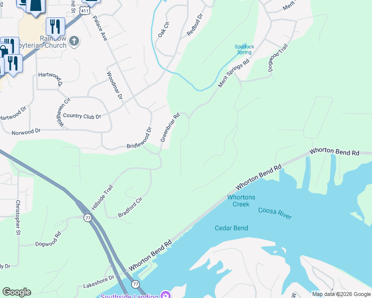 map of restaurants, bars, coffee shops, grocery stores, and more near 170 Greenbriar Road in Gadsden