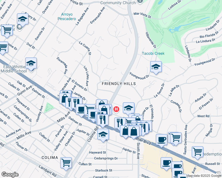 map of restaurants, bars, coffee shops, grocery stores, and more near 15146 La Calma Drive in Whittier