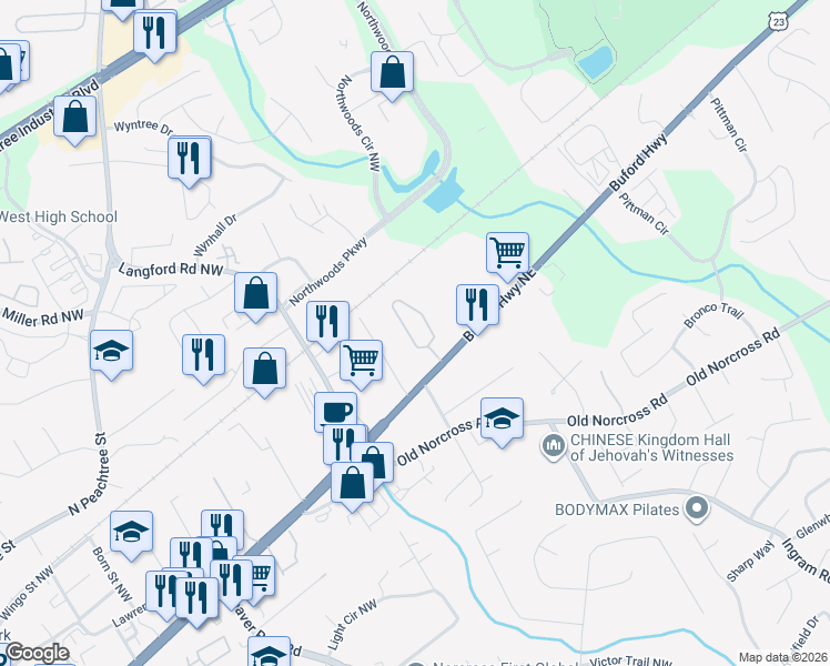 map of restaurants, bars, coffee shops, grocery stores, and more near 2860 Smith Ridge Trace in Peachtree Corners