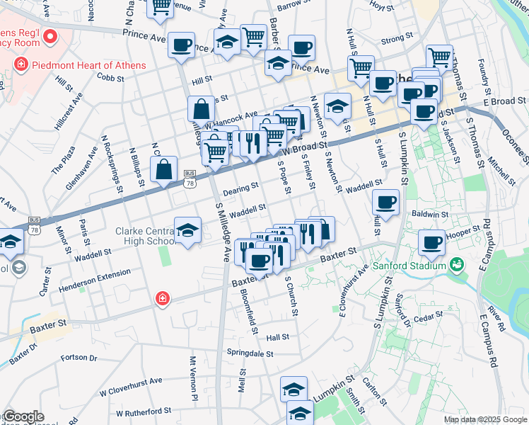 map of restaurants, bars, coffee shops, grocery stores, and more near 525 Waddell Street in Athens