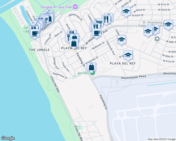 map of restaurants, bars, coffee shops, grocery stores, and more near 432 Waterview Street in Los Angeles
