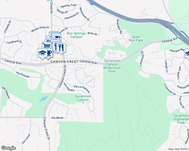 map of restaurants, bars, coffee shops, grocery stores, and more near 600 Central Avenue in Riverside