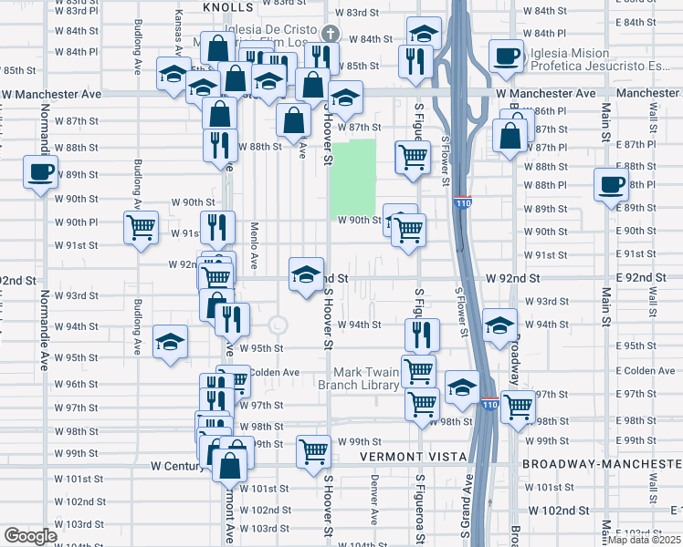 map of restaurants, bars, coffee shops, grocery stores, and more near 9200 South Hoover Street in Los Angeles