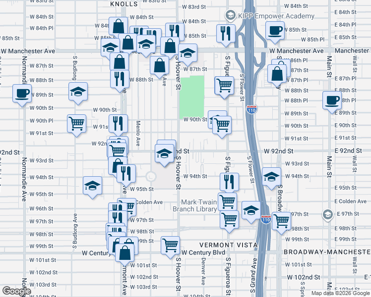 map of restaurants, bars, coffee shops, grocery stores, and more near 649 West 92nd Street in Los Angeles