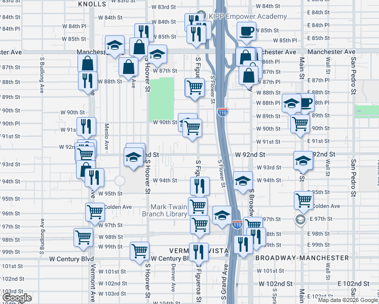 map of restaurants, bars, coffee shops, grocery stores, and more near 521 West 92nd Street in Los Angeles