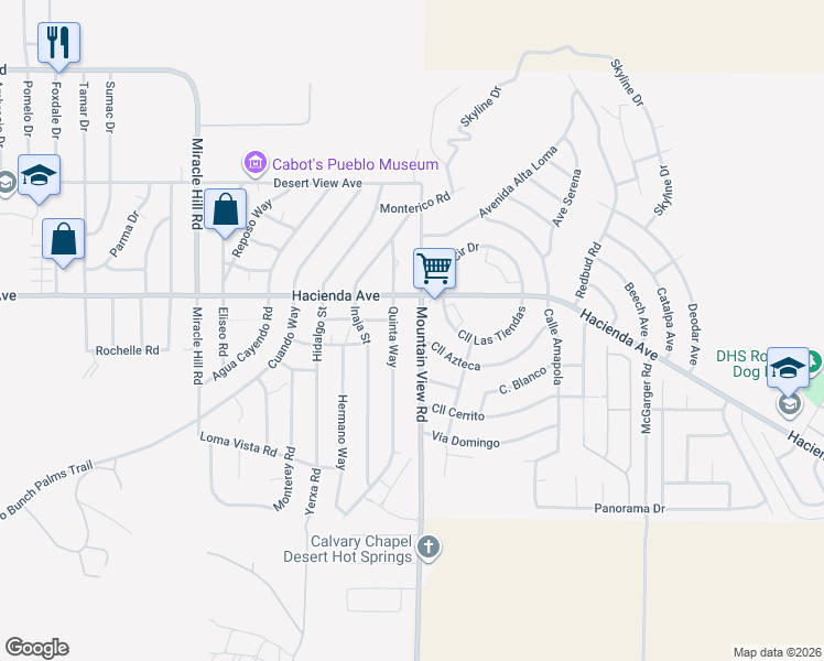 map of restaurants, bars, coffee shops, grocery stores, and more near 13215 Mountain View Road in Desert Hot Springs
