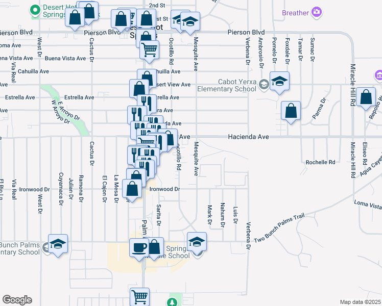 map of restaurants, bars, coffee shops, grocery stores, and more near 13229 Mesquite Avenue in Desert Hot Springs