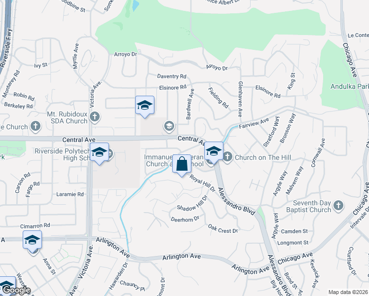map of restaurants, bars, coffee shops, grocery stores, and more near 5455 Inspiration Drive in Riverside