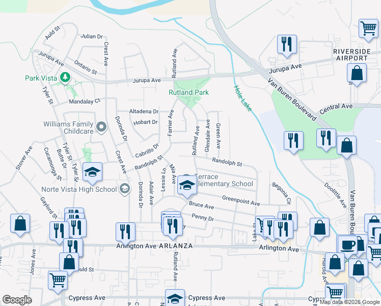 map of restaurants, bars, coffee shops, grocery stores, and more near 8928 Randolph Street in Riverside