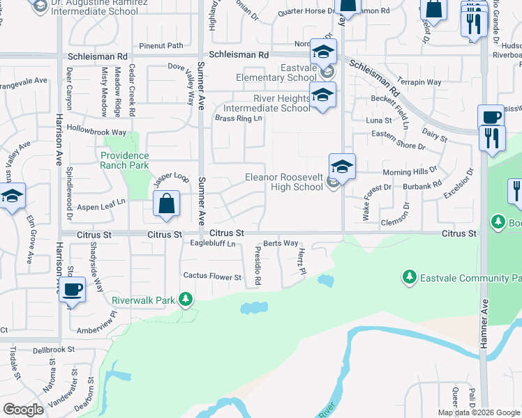 map of restaurants, bars, coffee shops, grocery stores, and more near 7454 Country Fair Drive in Corona