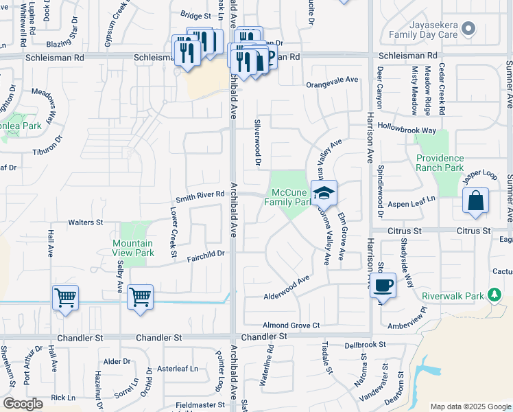map of restaurants, bars, coffee shops, grocery stores, and more near 14114 Mandeville Court in Corona