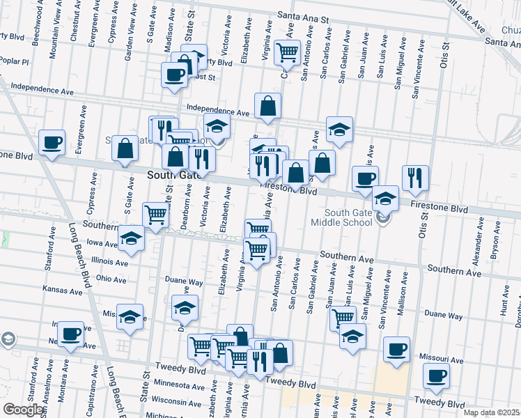 map of restaurants, bars, coffee shops, grocery stores, and more near 8956 California Avenue in South Gate