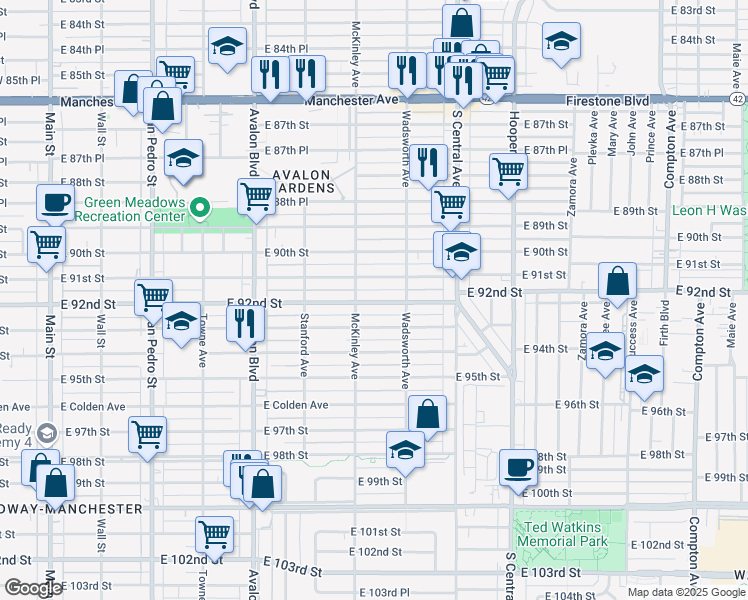 map of restaurants, bars, coffee shops, grocery stores, and more near 816 East 92nd Street in Los Angeles