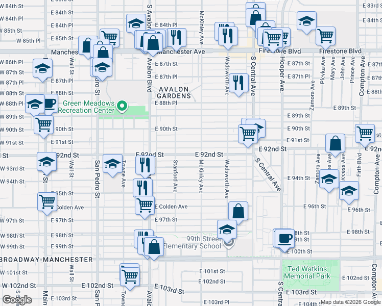 map of restaurants, bars, coffee shops, grocery stores, and more near 742 East 92nd Street in Los Angeles