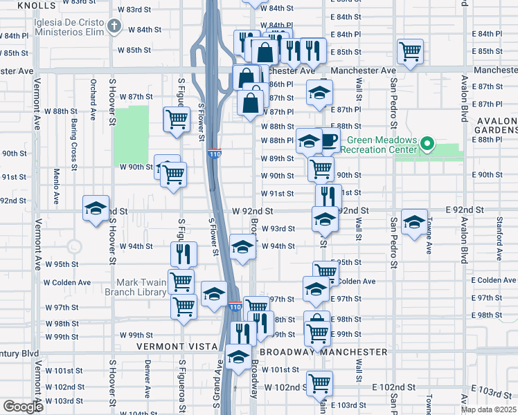 map of restaurants, bars, coffee shops, grocery stores, and more near 9204 South Broadway in Los Angeles