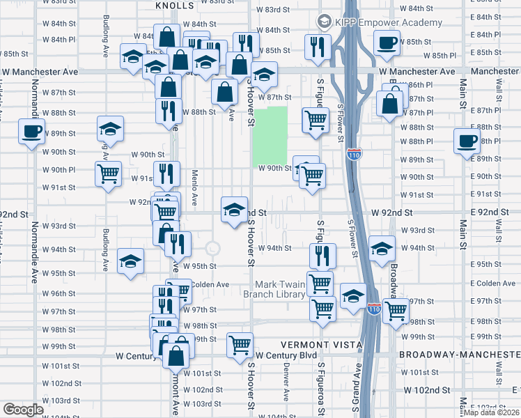map of restaurants, bars, coffee shops, grocery stores, and more near 9200 South Hoover Street in Los Angeles