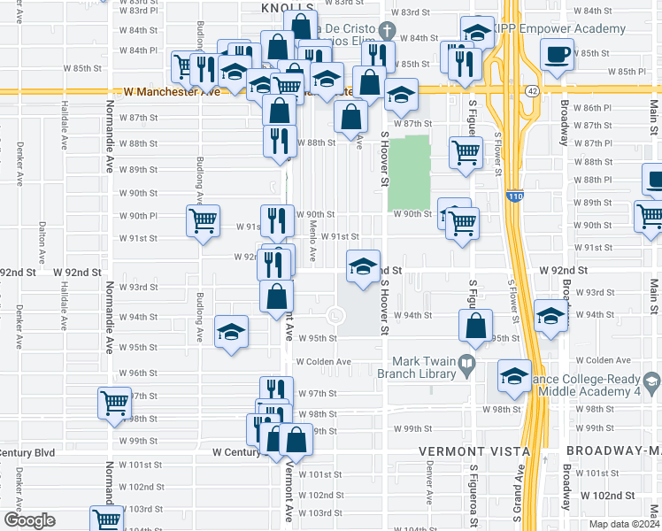 map of restaurants, bars, coffee shops, grocery stores, and more near 812 West 92nd Street in Los Angeles