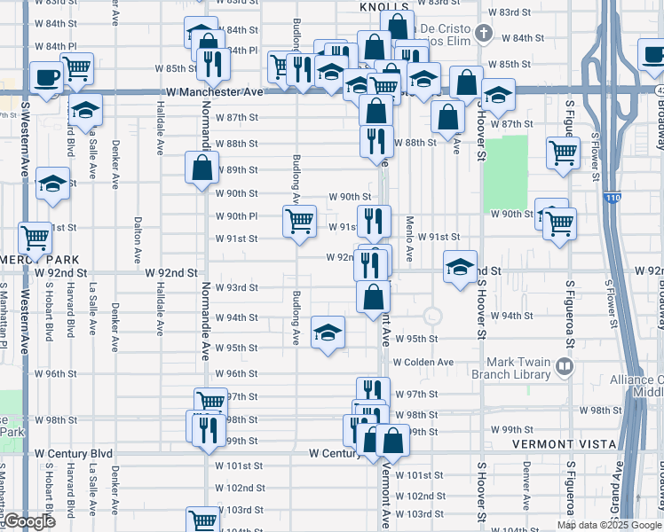 map of restaurants, bars, coffee shops, grocery stores, and more near 1115 3/4 West 93rd Street in Los Angeles