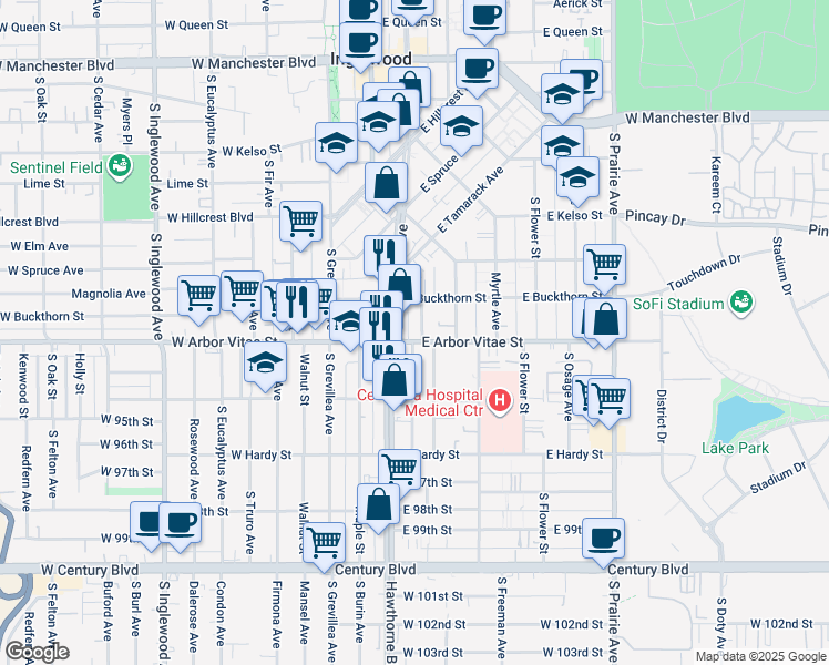 map of restaurants, bars, coffee shops, grocery stores, and more near 322 East Arbor Vitae Street in Inglewood